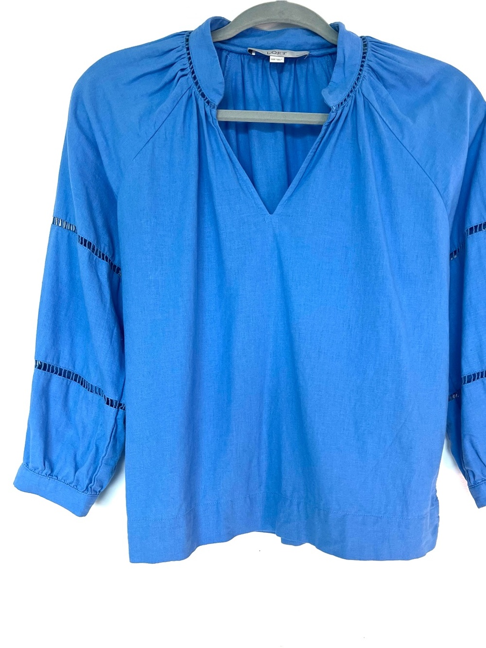 LOFT Linen Blend Blue Ladder Lace Split V-Neck Blouse XXSP Spring 2024
